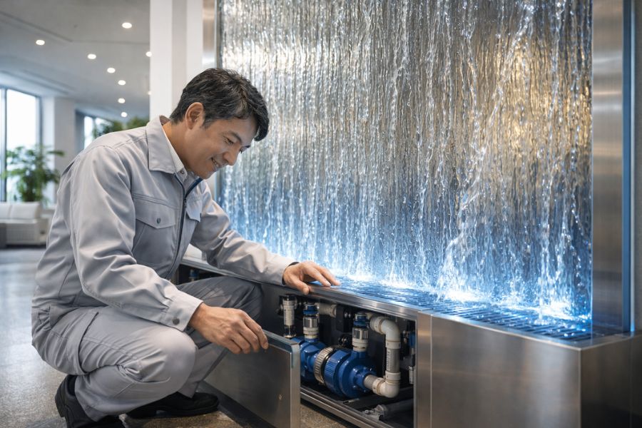 ウォーターウォールの循環ポンプを点検するメンテナンス技術者