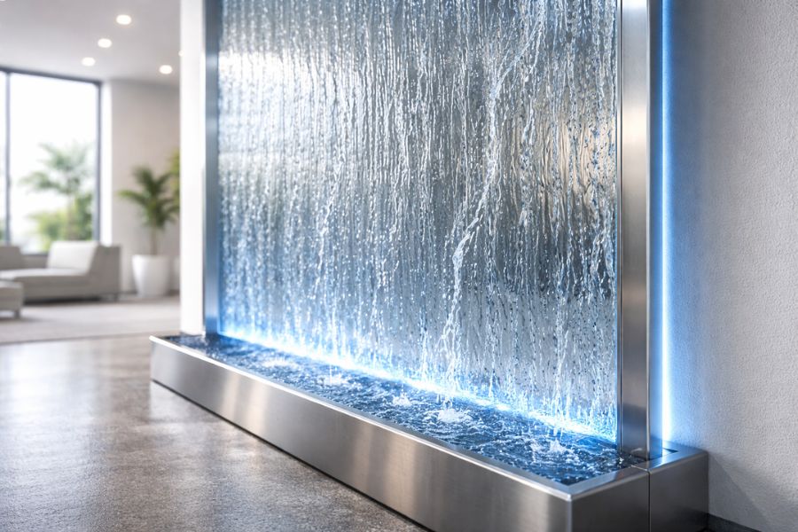 ウォーターウォールのガラスパネルを流れる水の循環システムの仕組み