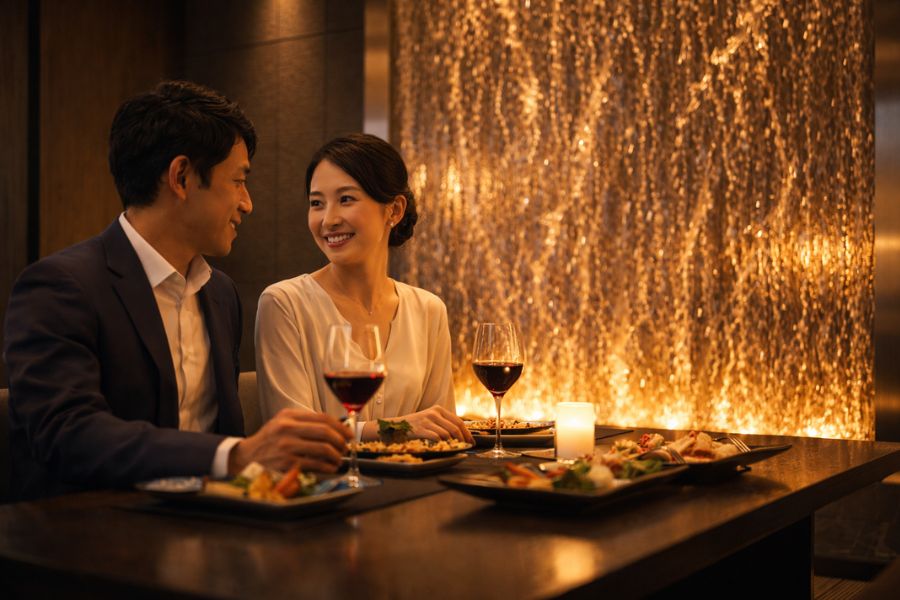 ウォーターウォールが演出する高級レストランで食事を楽しむカップル