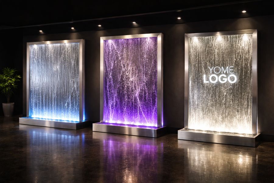 ガラス・メッシュ・ロゴの3種類のウォーターウォールを比較できる展示空間