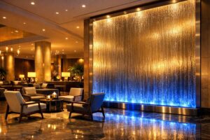 水が流れる壁が設置された高級ホテルロビーのウォーターウォール空間演出