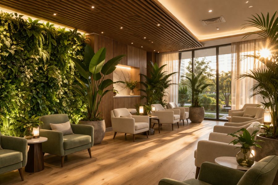 植栽と自然素材を取り入れた美容クリニックのトレンドデザイン
