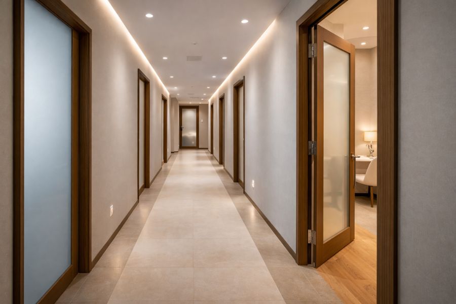 プライバシーに配慮した美容クリニックの廊下と個室設計
