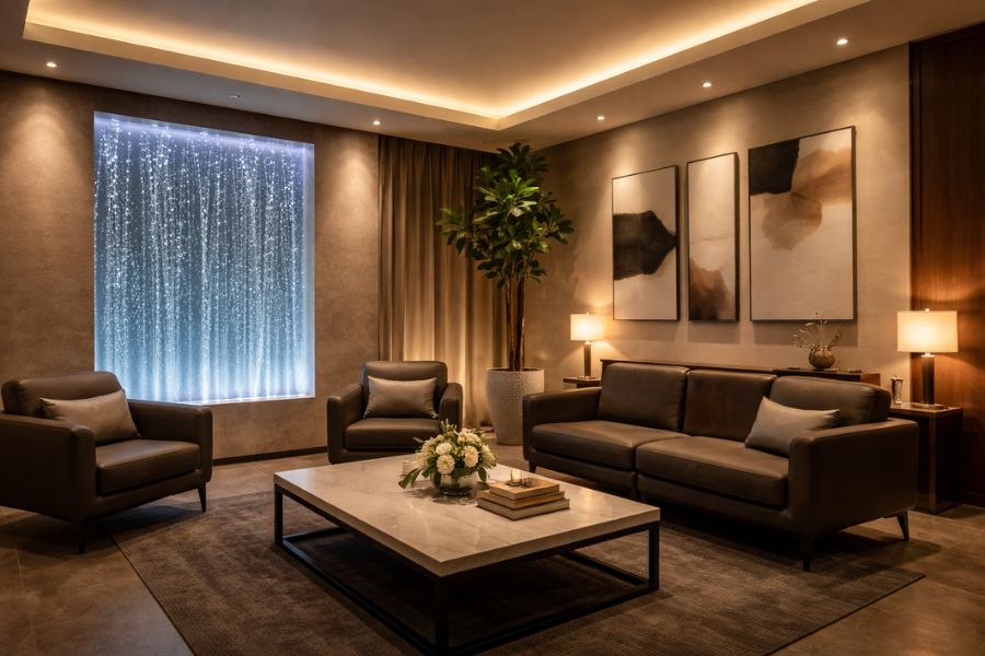 多様な空間演出を組み合わせた美容クリニックの待合室