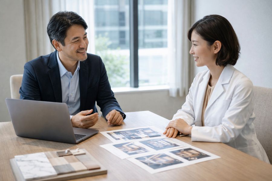 美容クリニックの内装について打合せする設計士と経営者