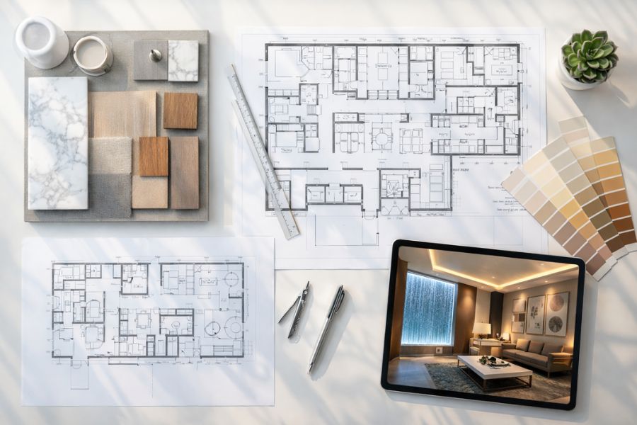 美容クリニック内装の設計図面と素材サンプル