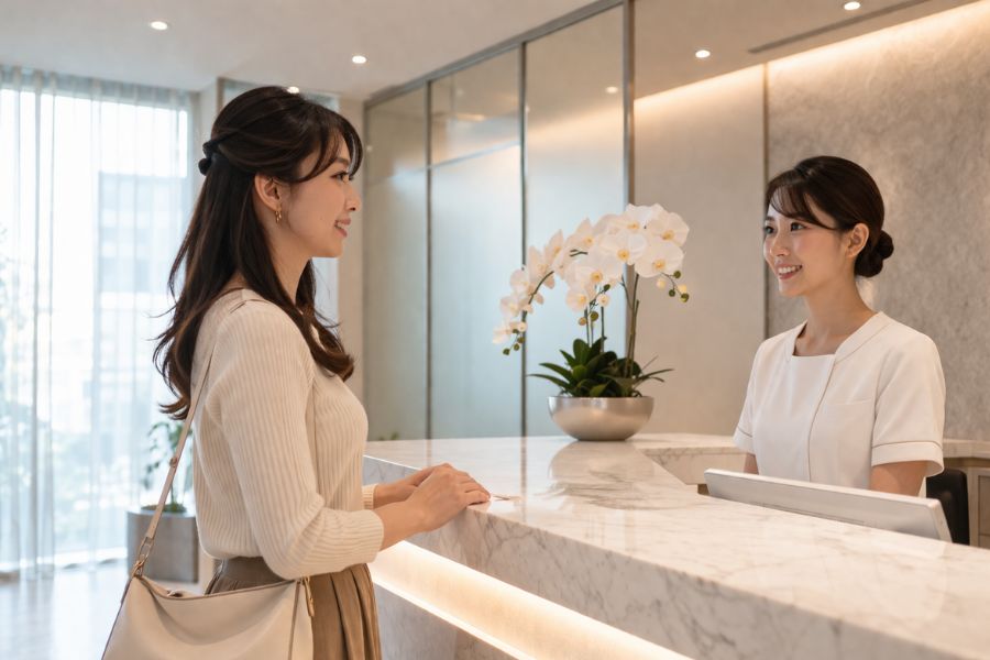 美容クリニックの受付で患者を迎えるスタッフ