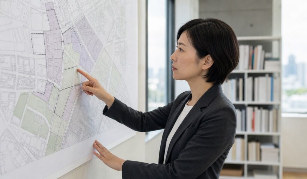設計事務所内で大判の都市計画図を壁面に広げて内容を確認する女性建築士の横顔のサイドアングル