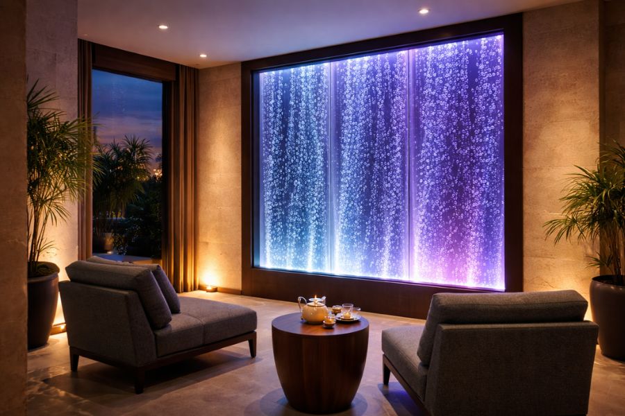 バブルウォールとLED演出が幻想的な光を映し出す高級スパの待合ラウンジ