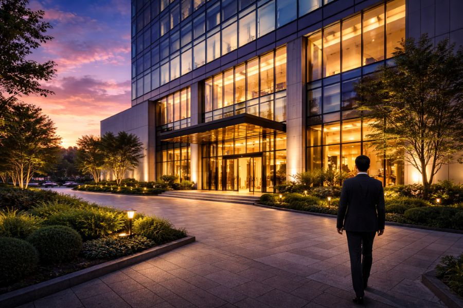 マジックアワーの夕焼け空の下、商業施設エントランスに向かって歩いていく男性の後ろ姿