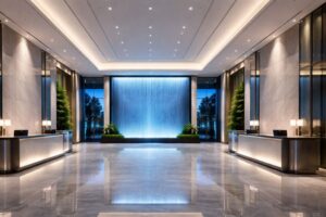 ブルーアワーに照らされた大型商業施設のメインエントランスホールと中央奥に配置されたウォーターウォール