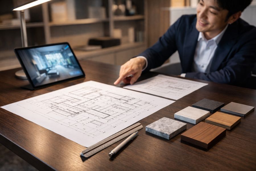 建築図面とタブレット、素材サンプルが並ぶ打ち合わせデスクと資料を確認する男性デザイナー