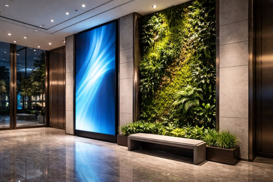 エントランスの壁面に並んで設置された縦長のデジタルサイネージと壁面緑化