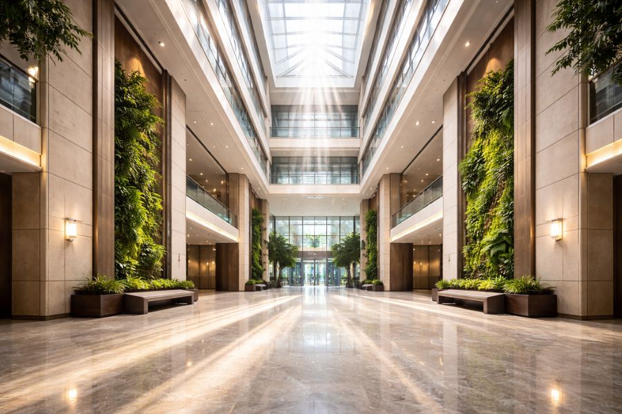 天窓から朝の自然光が差し込む吹き抜けのある大型エントランスホールと大理石の床