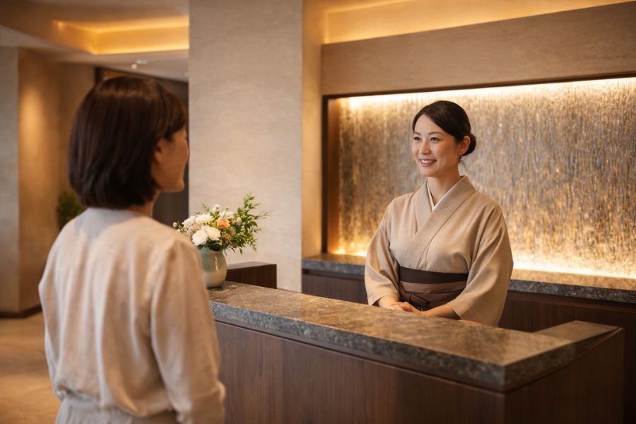 高級スパのエントランスで笑顔のスタッフがゲストを迎える上質な受付空間