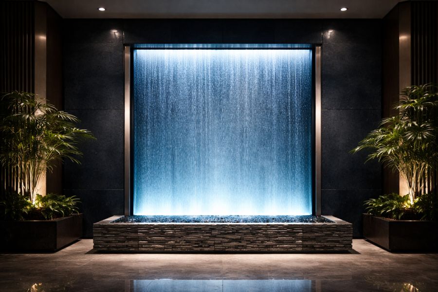ダークネイビーの壁面を背景に青いLED照明で照らされた大型ウォーターウォールの水流