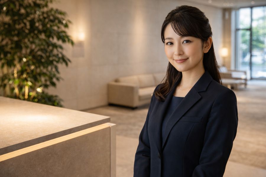 商業施設の受付カウンター横に立ち控えめな笑顔を浮かべる日本人女性コンシェルジュ