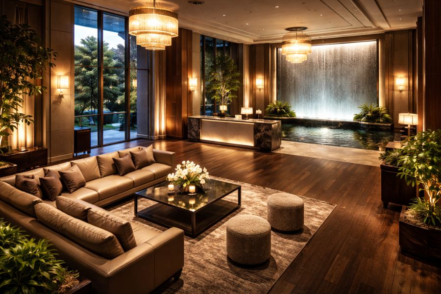 夕方のラグジュアリーホテルロビーに配置されたレザーソファと奥の大理石受付カウンター