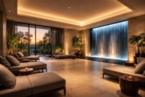 高級スパのラウンジに設置されたウォーターウォールと間接照明が調和するラグジュアリーな内装デザイン