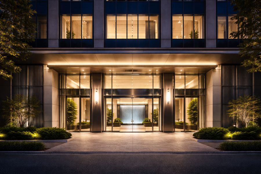 ガラスと金属パネルで構成された夜の商業ビルのファサード外観と間接照明による演出