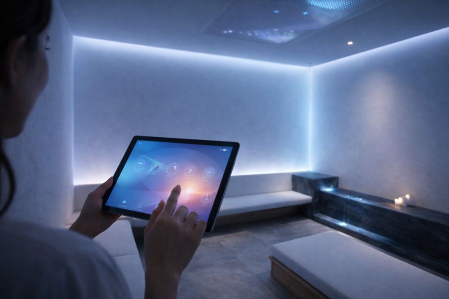 タブレットでスパ個室の照明と音響環境を操作するスマートテクノロジーの活用イメージ