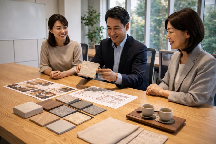 素材サンプルと図面を囲みスパ内装デザインの打ち合わせをする日本人デザインチーム