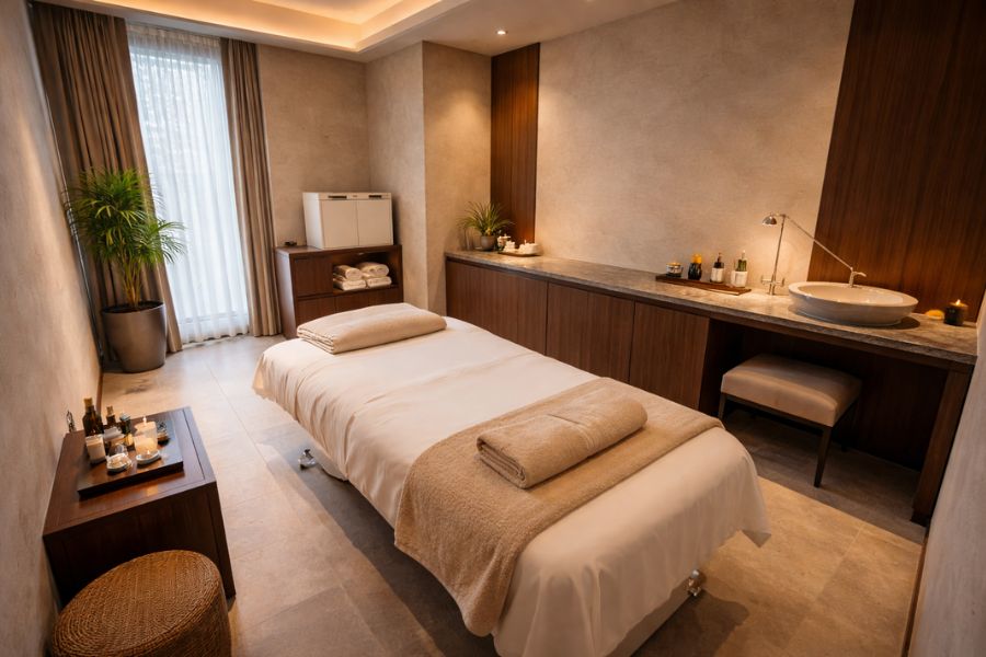 施術ベッドとサイドテーブルが整然と配置された高級スパ施術ルームの設備レイアウト