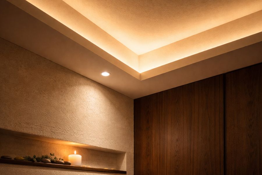 スパ施術室の天井間接照明と珪藻土の壁面素材が織りなす温かみのある空間ディテール