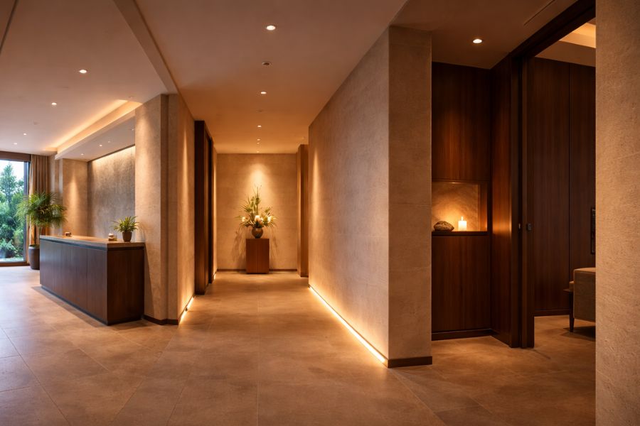 パブリックゾーンからプライベートゾーンへ照度と素材が段階的に変化する高級スパの空間構成