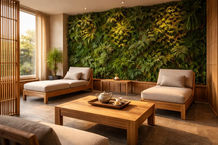 グリーンウォールと地元産天然木材を活用したサステナブルなスパリラクゼーション空間